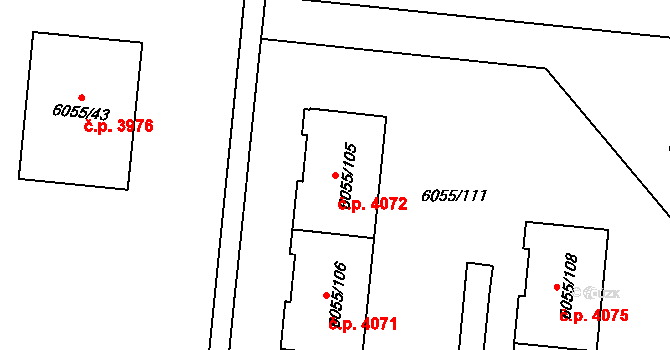 Prostějov 4072 na parcele st. 6055/105 v KÚ Prostějov, Katastrální mapa
